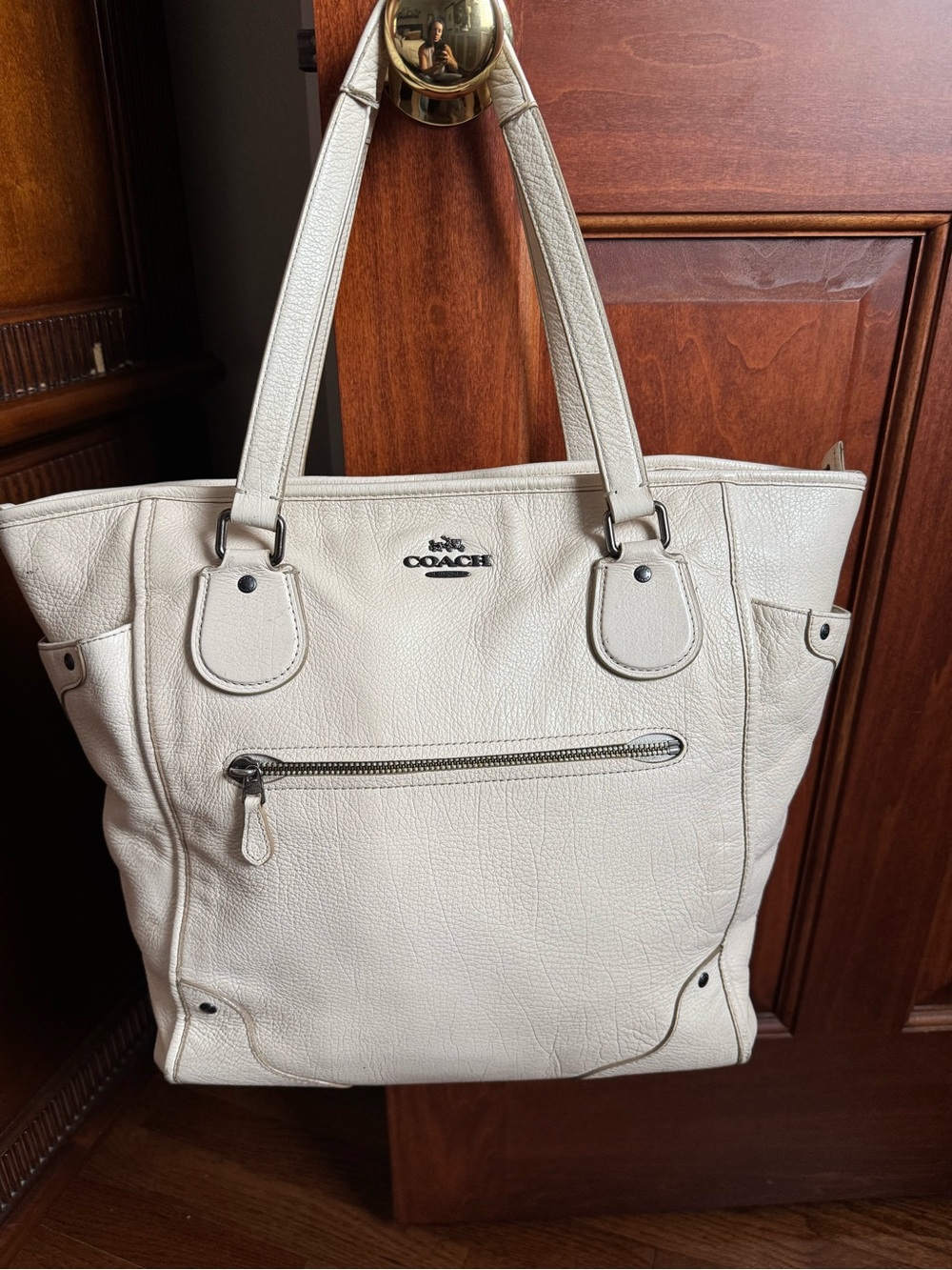 Coach - Mickie- Cream Leather Tote with Front Zip Accent
